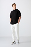 Siyah Pamuklu Kalın Yüzeyi Dokulu Oversize Fit Basic Erkek T-Shirt - 88335