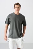 Haki Pamuklu Kalın Yüzeyi Dokulu Oversize Fit Basic Erkek T-Shirt - 88337