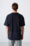Lacivert Pamuklu Kalın Yüzeyi Dokulu Oversize Fit Basic Erkek T-Shirt - 88337