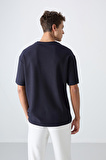 Lacivert Pamuklu Kalın Yüzeyi Dokulu Oversize Fit Baskılı Erkek T-Shirt - 88338