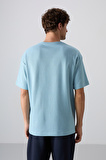 Açık Mavi Pamuklu Kalın Yüzeyi Dokulu Oversize Fit Baskılı Erkek T-Shirt - 88338