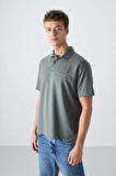 Haki Pamuklu Kalın Yumuşak Dokulu Oversize Fit Baskılı Polo Yaka Erkek T-Shirt - 88347
