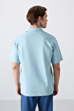 Açık Mavi Pamuklu Kalın Yumuşak Dokulu Oversize Fit Baskılı Polo Yaka Erkek T-Shirt - 88347