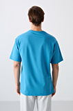Petrol Mavi Pamuklu Kalın Yumuşak Dokulu Oversize Fit Baskılı Erkek T-Shirt - 88350