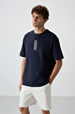 Lacivert %100 Pamuk Kalın Yumuşak Dokulu Oversize Fit Baskılı Erkek T-Shirt - 88360