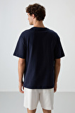 Lacivert %100 Pamuk Kalın Yumuşak Dokulu Oversize Fit Baskılı Erkek T-Shirt - 88360