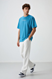 Petrol Mavi Pamuklu Kalın Yüzeyi Dokulu Oversize Fit  Baskılı Erkek T-Shirt - 88364