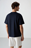Lacivert Pamuklu Kalın Yüzeyi Dokulu Oversize Fit  Baskılı Erkek T-Shirt - 88372