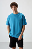 Petrol Mavi Pamuklu Kalın Yüzeyi Dokulu Oversize Fit  Baskılı Erkek T-Shirt - 88369
