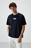 Lacivert Pamuklu Kalın Yüzeyi Dokulu Oversize Fit  Baskılı Erkek T-Shirt - 88367