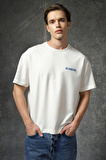Ekru Pamuklu Kalın Yumuşak Dokulu Oversize Fit Baskılı Erkek T-Shirt - 88375