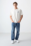 Ekru Pamuklu Kalın Yumuşak Dokulu Oversize Fit Baskılı Erkek T-Shirt - 88375