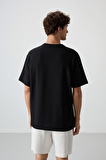 Siyah Waffle İnterlok Yüzeyi Dokulu Oversize Fit Basic Erkek T-Shirt - 88379