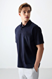 Lacivert Pamuklu Kalın Yumuşak Dokulu Polo Yaka Oversize Fit Basic Erkek T- Shirt - 88382
