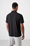 Siyah Polyester Nefes Alan Dokulu İnce Esnek Standart Fit Polo Yaka Erkek Performans T-Shirt - 88393