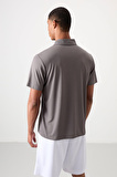 Koyu Gri Polyester Nefes Alan Dokulu İnce Esnek Standart Fit Polo Yaka Erkek Performans T-Shirt - 88393