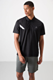 Siyah Polyester Nefes Alan Dokulu İnce Esnek Standart Fit Polo Yaka Erkek Performans T-Shirt - 88402