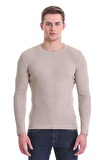 Bej Slim Fit Fitilli Bisiklet Yaka Yünlü Triko Kazak | L