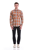 Turuncu Slim Fit Kareli 100% Pamuklu Düğmeli Yaka Uzun Kollu Casual Gömlek | XL