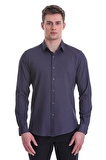 Lacivert Slim Fit Baskılı 100% Pamuklu Slim Yaka Uzun Kollu Baskılı Casual Gömlek | XS