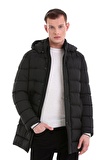 Siyah Slim Fit Hakim Yaka Kapüşonlu Basic Kaban | XL