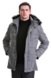 Gri Slim Fit Hakim Yaka Kürklü Kapüşonlu Kaban | XXL