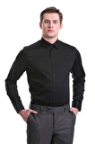 Siyah Slim Fit Düz 100% Pamuklu Slim Yaka Uzun Kollu Casual Saten Gömlek | S