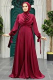 Bordo Saten Tesettür Abiye Elbise 38031BR