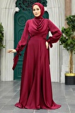 Bordo Saten Tesettür Abiye Elbise 38031BR