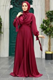 Bordo Saten Tesettür Abiye Elbise 38031BR