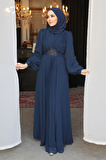 Drape Detaylı Lacivert Tesettür Abiye Elbise 4448L