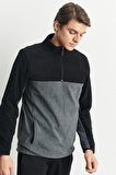 Erkek Siyah-Açık Melanj Anti-Pilling Tüylenme Yapmayan Standart Fit Dik Yaka Polar Sweatshirt