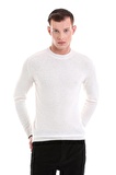 Ekru Regular Fit Düz Bisiklet Yaka Yünlü Casual Triko Kazak | L