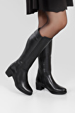 SİYAH Gön Hakiki Deri Yuvarlak Burun Kauçuk Taban Topuklu Fermuarlı Kadın Günlük Çizme 44567
