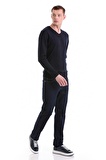 Lacivert Regular Fit Düz V Yaka Yünlü Triko Kazak | 3XL