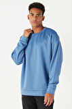 Erkek Indigo Oversize Bol Kesim Bisiklet Yaka Düz Sweatshirt