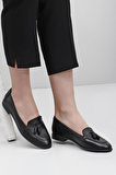 SİYAH Gön Hakiki Deri Yuvarlak Burun Düz Taban Püsküllü Kadın Babet 24259