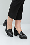 SİYAH Gön Hakiki Deri Yuvarlak Burun Kalın Orta Topuklu Kauçuk Taban Loafer Kadın Ayakkabı 24072