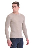 Bej Slim Fit Fitilli Bisiklet Yaka Yünlü Triko Kazak | L