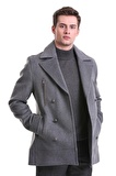 Gri Slim Fit Kruvaze Yünlü Kaşe Kaban | XXL