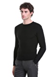 Siyah Slim Fit Fitilli Bisiklet Yaka Yünlü Triko Kazak | XL