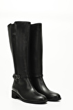 SİYAH Gön Hakiki Deri Yuvarlak Burun Kauçuk Taban Topuklu Fermuarlı Tokalı Kadın Günlük Çizme 44596