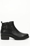 SİYAH Gön Hakiki Deri Yuvarlak Burun Kauçuk Taban Topuklu Fermuarlı Tokalı Kadın Günlük Bot 48444