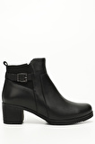 SİYAH Gön Hakiki Deri Yuvarlak Burun Topuklu Fermuarlı Tokalı Kadın Günlük Bot 10409