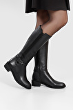 SİYAH Gön Hakiki Deri Yuvarlak Burun Kauçuk Taban Topuklu Fermuarlı Tokalı Kadın Günlük Çizme 44596