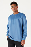 Erkek Indigo Oversize Bol Kesim Bisiklet Yaka Düz Sweatshirt