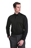 Siyah Slim Fit Düz 100% Pamuklu Slim Yaka Uzun Kollu Casual Saten Gömlek | S