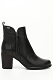 SİYAH Gön Hakiki Deri Yuvarlak Burun Topuklu Kauçuk Taban Fermuarlı Püsküllü Kadın Günlük Bot 10406