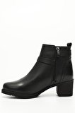 SİYAH Gön Hakiki Deri Yuvarlak Burun Topuklu Fermuarlı Tokalı Kadın Günlük Bot 48491