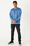 Erkek Indigo Oversize Bol Kesim Bisiklet Yaka Düz Sweatshirt